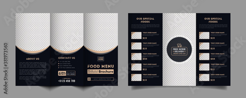 Food trifold brochure menu template. fast food menu brochure for restaurant with dark color