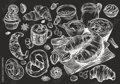 Illustrations in the style of linear drawing. Black and white graphics. Croissants, various pastries, cakes, coffee donuts and mulled wine. Images for menus and banners.