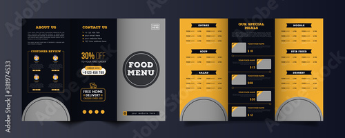 Food trifold brochure menu template. fast food menu brochure for restaurant with dark blue and orange color