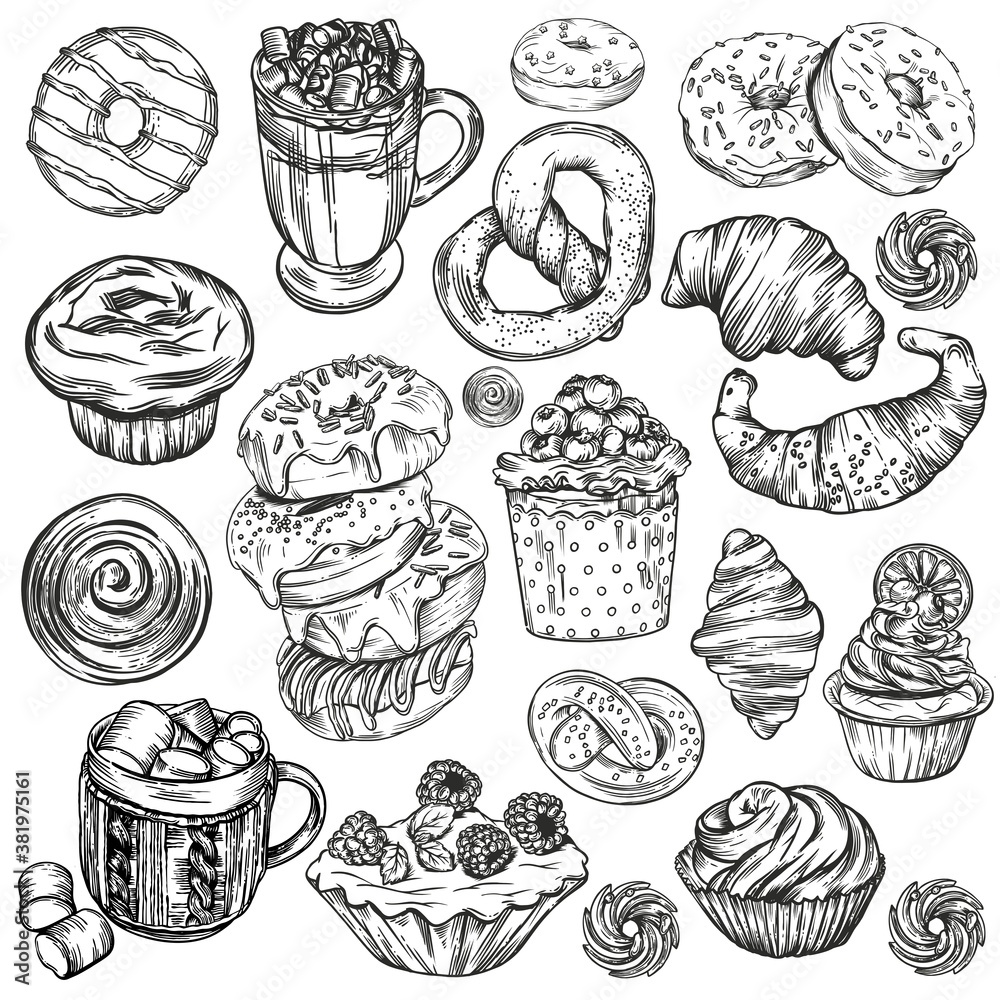 Illustrations in the style of linear drawing. Black and white graphics. Croissants, various pastries, cakes, coffee donuts and mulled wine. Images for menus and banners. Illustrations in the style of linear drawing. Black and white graphics. Croissants, various pastries, cakes, coffee donuts and mulled wine. Images for menus and banners.