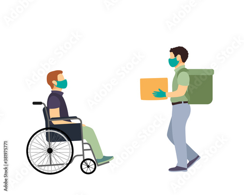 delivery of groceries to a disabled person in a wheelchair, courier with a backpack wearing a mask and gloves