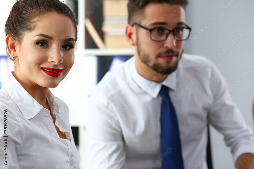 Beautiful smiling brunette clerk girl at workplace look in camera portrait. White collar worker at modern training coach visit boss job offer client profession market idea study Beautiful smiling brunette clerk girl at workplace look in camera portrait. White collar worker at modern training coach visit boss job offer client profession market idea study