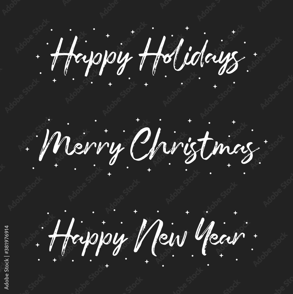 Happy Holidays Text Background, Merry Christmas, Happy New Year, Vector Text with Stars and Dots, Greeting Card Set Illustration Background