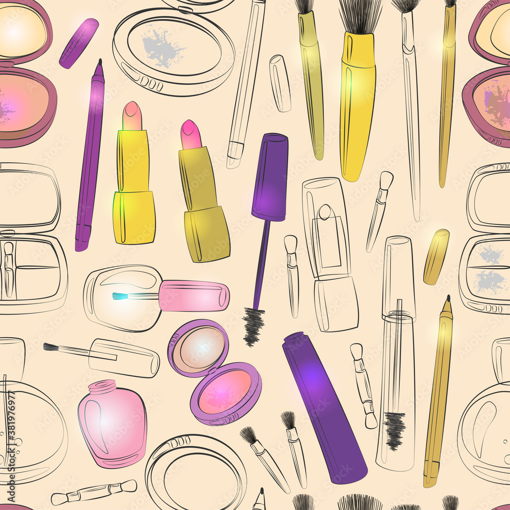 Makeup and beauty product seamless pattern. Makeup and beauty product seamless pattern.