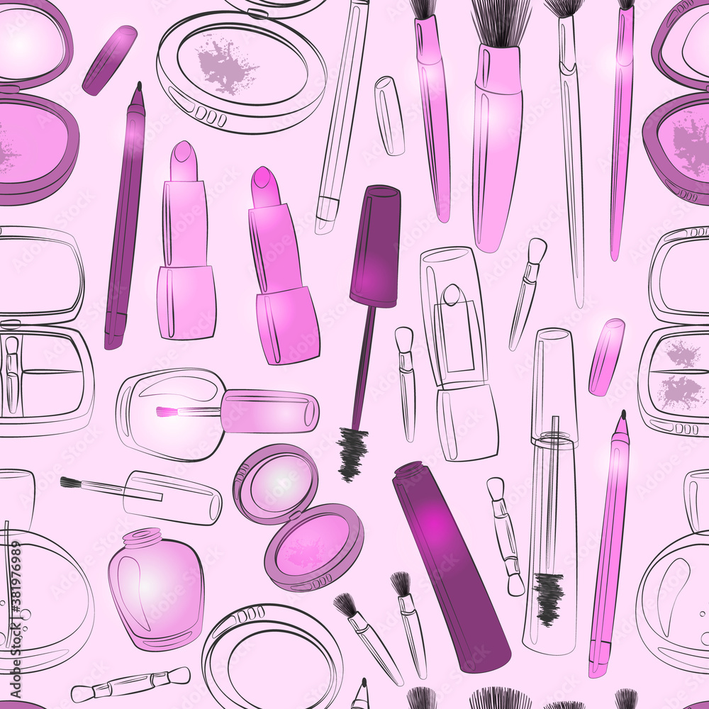 Makeup and beauty product seamless pattern in purple. Makeup and beauty product seamless pattern in purple.