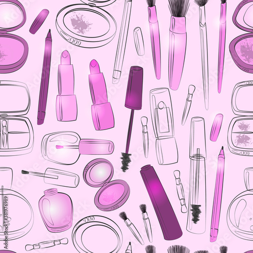 Makeup and beauty product seamless pattern in purple.