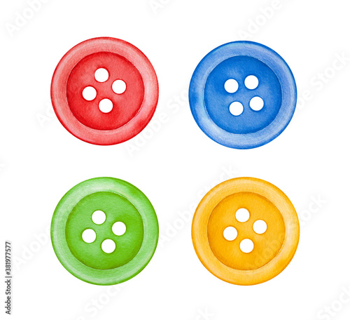 Water color illustration collection of four colorful sewing buttons. Top view; round shape; red, yellow, blue, green colour. Handdrawn watercolour sketchy paint, cut out clip art elements for design.