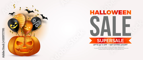 Halloween Sale banner, Poster, banner, invitation background. with realistic pumkins, baloon,  bat. Vector illustration.