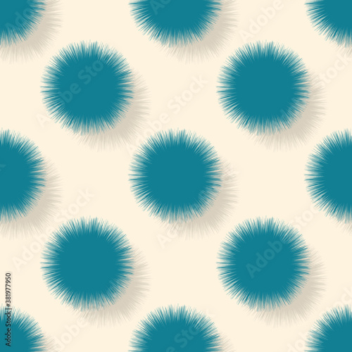 A pattern of fluffy hairy blue circles on a yellow background with a shadow. The template is suitable for posters, cards, fabrics or wrapping paper
