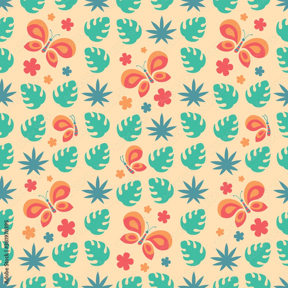 Tropical floral seamless pattern with butterflies and leaves on beige background 
