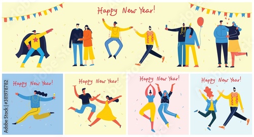 Vector cartoon illustration of Happy group of people celebrating new year, jumping on the party.