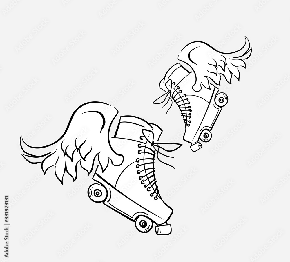 Fototapeta premium roller skates wings vector skatepark stuff cartoon isolated line art