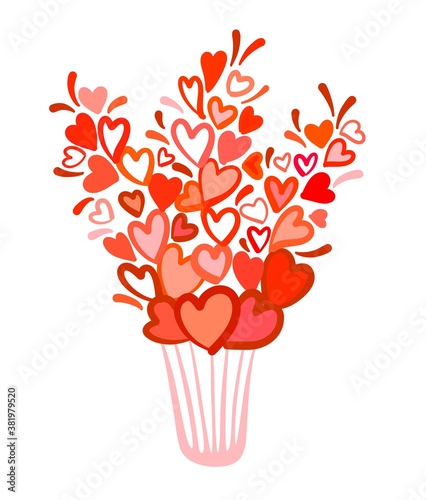 Hearts in the form of a flower grow in a pot. Heart flower. Doodle style simple bright on isolated background.