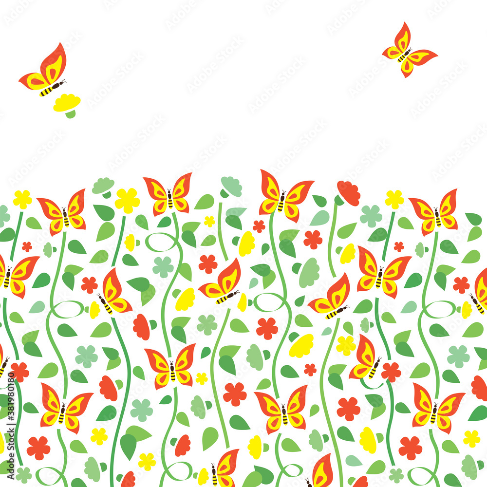 Fototapeta premium Greeting banner with flowers, butterflies and space for text on white background 
