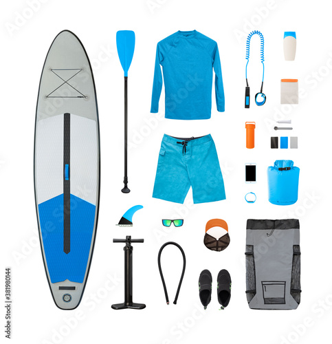 Set of inflatable stand up paddle board with accessories (carry bag, pump, fin, etc.)