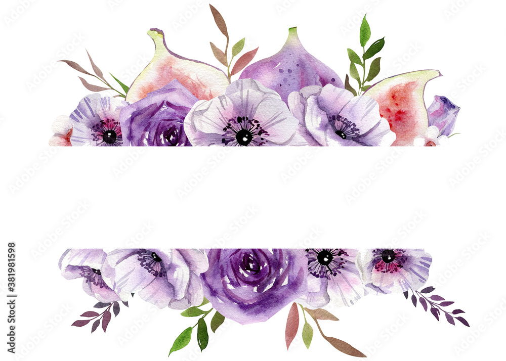 Watercolor pre-made frames with white and purple flowers, leaves ...