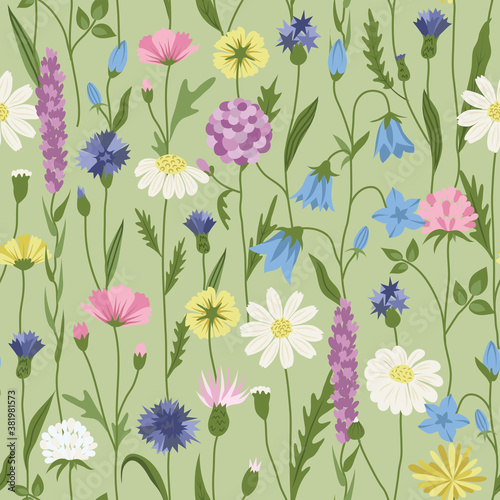 Wildflower seamless pattern in vintage colors on green background 