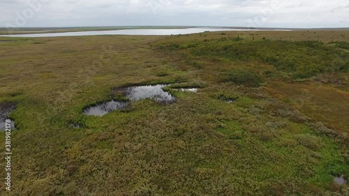 The camera shoots from a drone flying over the tundra. At the bottom of the vegetation and the swamp lake ahead