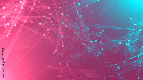 Abstract pink green polygon tech network with connect technology background. Abstract dots and lines texture background. 3d rendering.