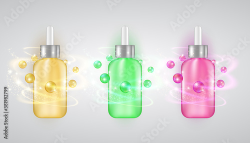 Glass bottles with shiny swirls of liquid drops for beauty product posters set with droplets isolated on white background. Facial skin care 3d vector essences, organic serums, acids or nutritive oils.