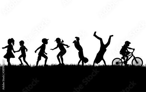 Children black silhouettes in nature . 