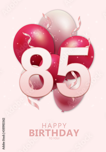 Happy 85th birthday with realistic red and rosegold balloons on light rose background. Set for Birthday, Anniversary, Celebration Party. Vector stock.