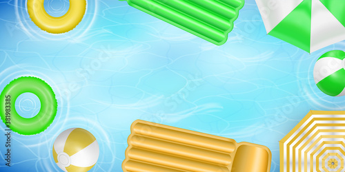 Summer pool top view vector background with life buoys. Blue transparent rippled water. Holiday fun and vacation relax poster template. Swimming area with matress, inflatable ball and saving circle.