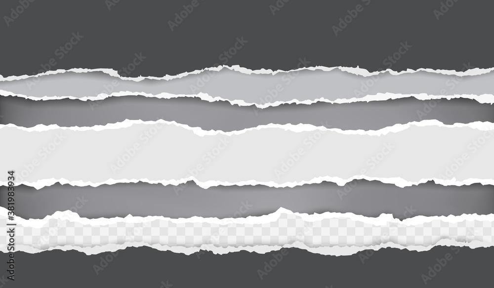Pieces of torn, ripped black, and squared white paper with soft shadow are on gray background for text. Vector illustration