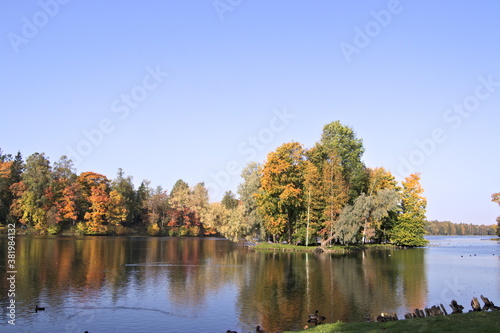 Autumn park in September in Russia, lake with red leaves and reflection, background. Beautiful autumn landscape in the park, seasons. Travel through beautiful, Russian, autumn forests.