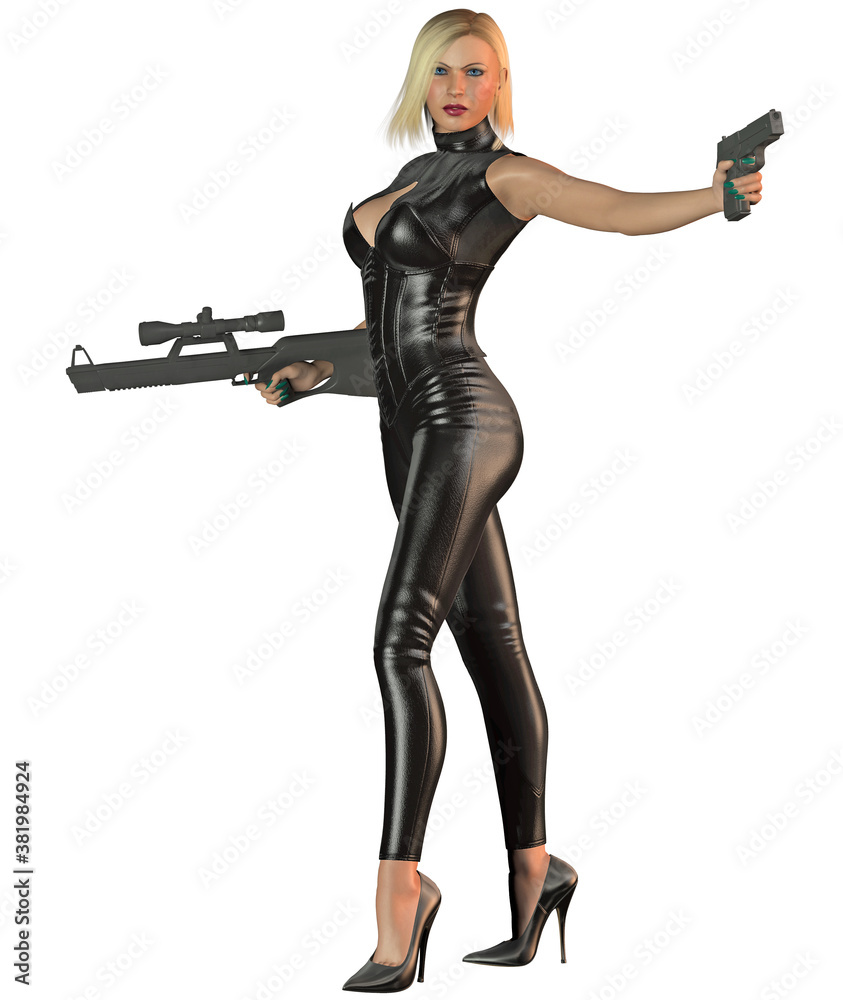 girl in a black uniform with gun and rifle girl in a black uniform with gun and rifle