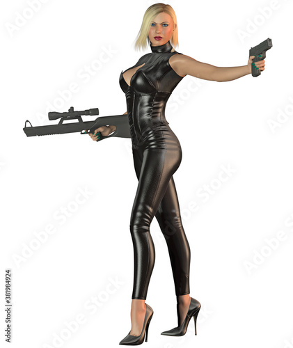 girl in a black uniform with gun and rifle