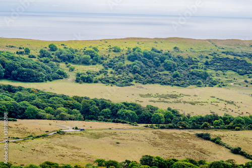 Farmlands and trees by the sea panorama, distant view of land by the ocean in United Kingdom, cloudy sea and green meadows stretching for miles, hills and cliffs by the beach © Gosia