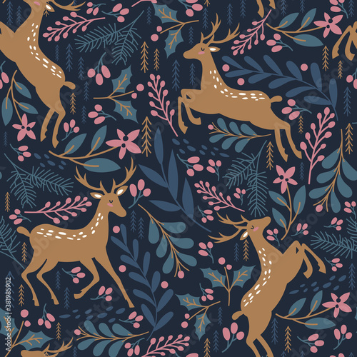 Seamless pattern with deer, leaves and branches. Winter background. Vector