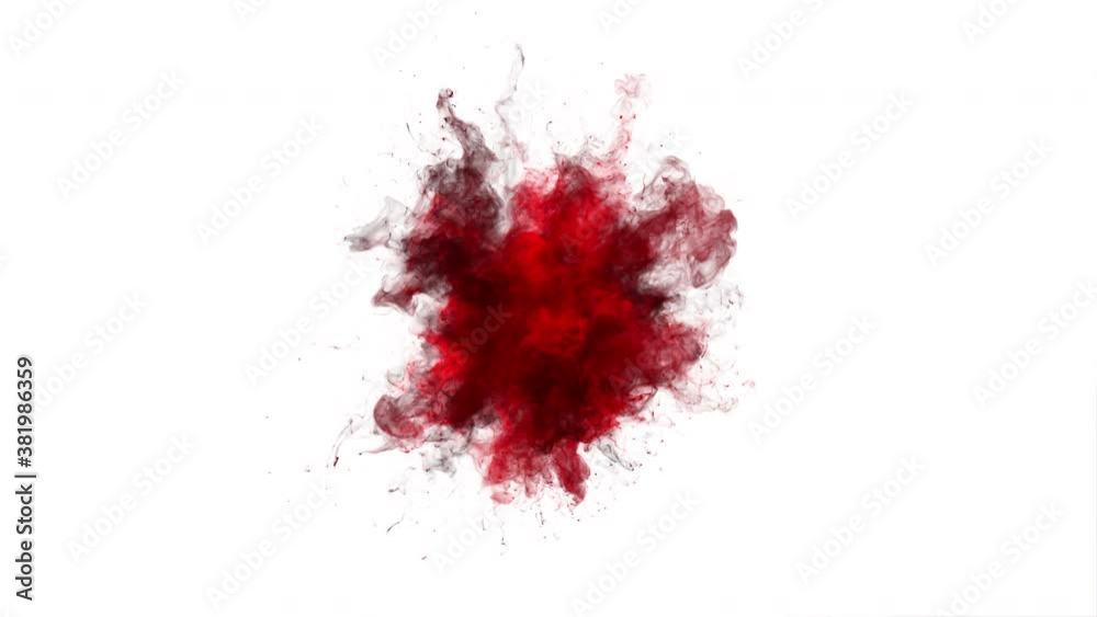 Deep Red Color Burst - colorful smoke powder explosion. Fluid ink particles slow motion alpha matte isolated on white