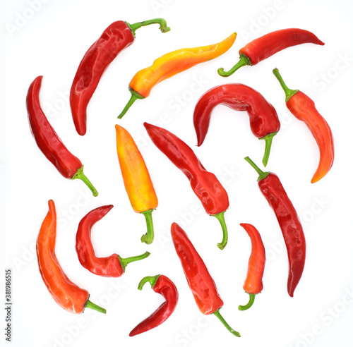 Hot chili peppers on white background.  Top view.