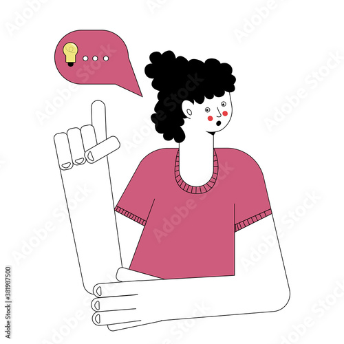 Flat illustration. The girl gives a review, an icon for comments and answers
