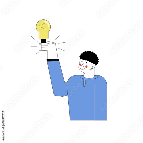 man stands and shows eureka gesture with a light bulb. The boy has an idea. Vector illustration in flat cartoon style