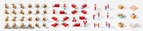 Isometric big set for delivering. Delivery service workers. Fast delivery van. Forklift truck with wooden pallet and boxes with shadow, carton shopping bags