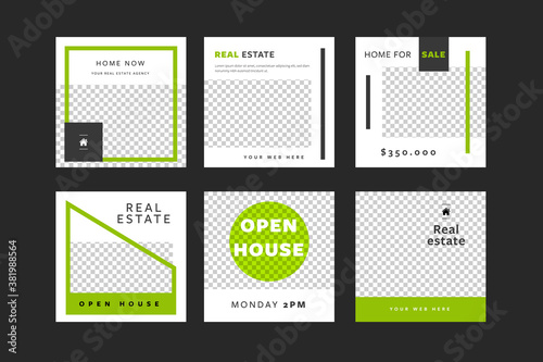 Real estate social media post layouts with green accent. Set of editable square templates for estate agent or home sellers. Graphics for instagram and facebook