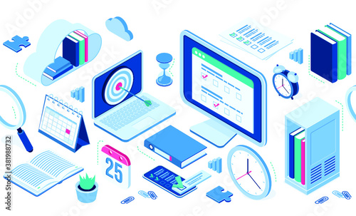 Isometric icons cloud with books, computer and smartphone