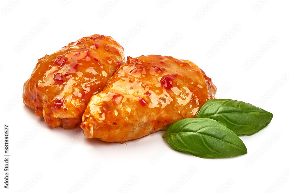 Chicken thighs in chili sauce, isolated on white background Chicken thighs in chili sauce, isolated on white background