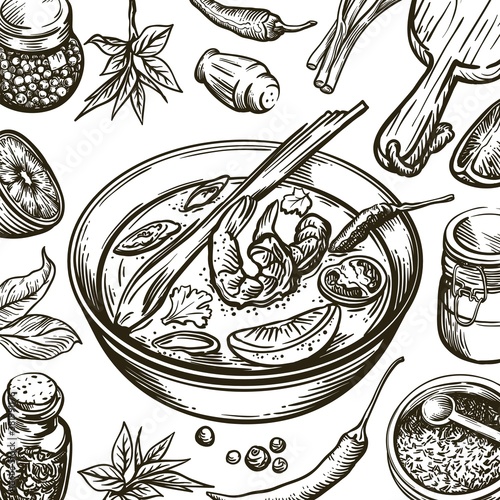 dish with soup tom yam and ingredients for its preparation. set of vector sketches on white background