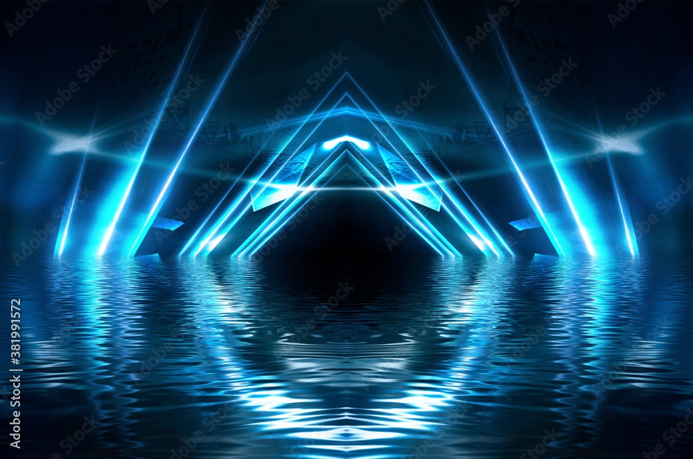 Abstract dark futuristic background. Blue neon light rays reflect off the water. Background of empty stage show, beach party. 3d illustration - obrazy, fototapety, plakaty 