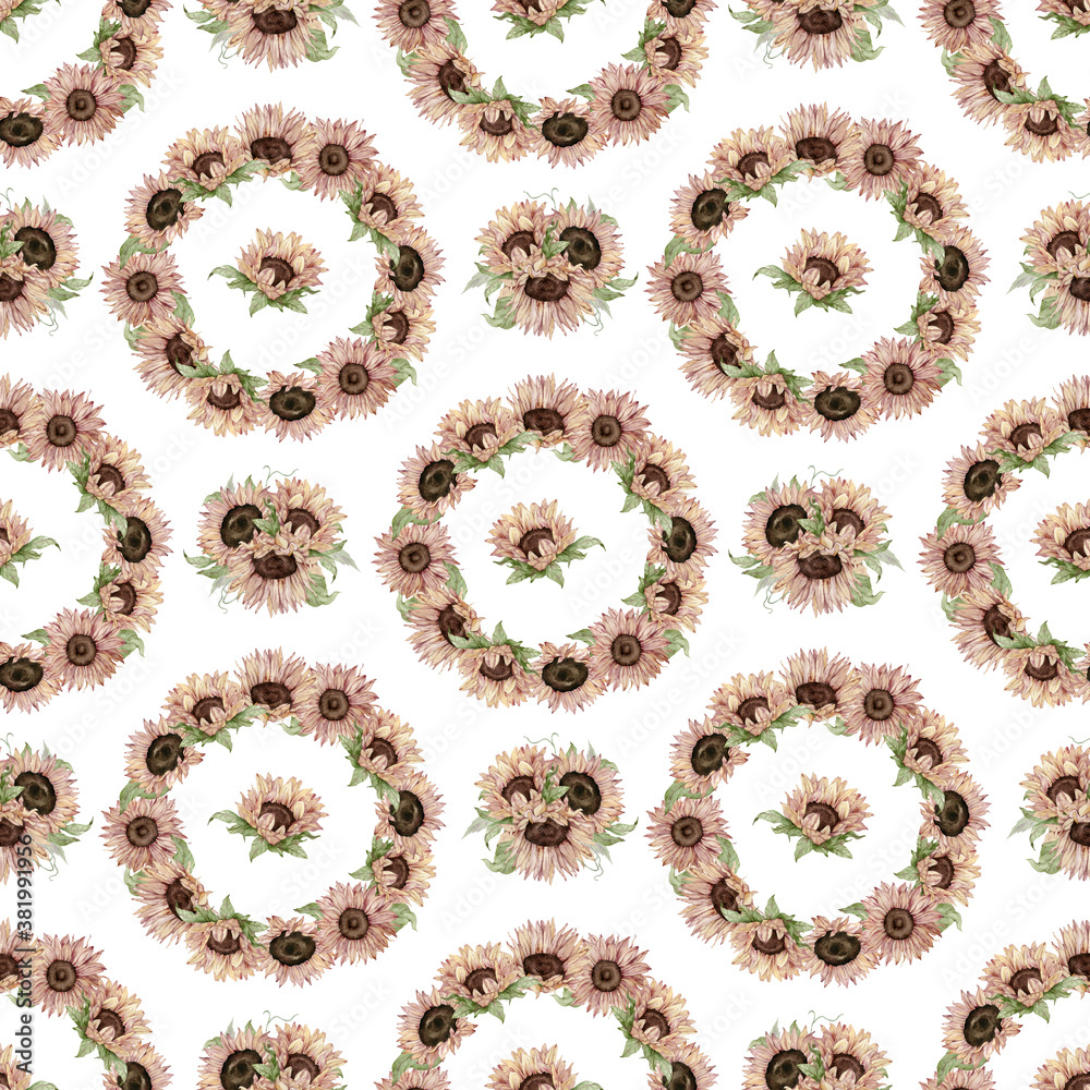 Seamless pattern of watercolor sunflowers with green leaves on the white background. Seamless pattern of watercolor sunflowers with green leaves on the white background.