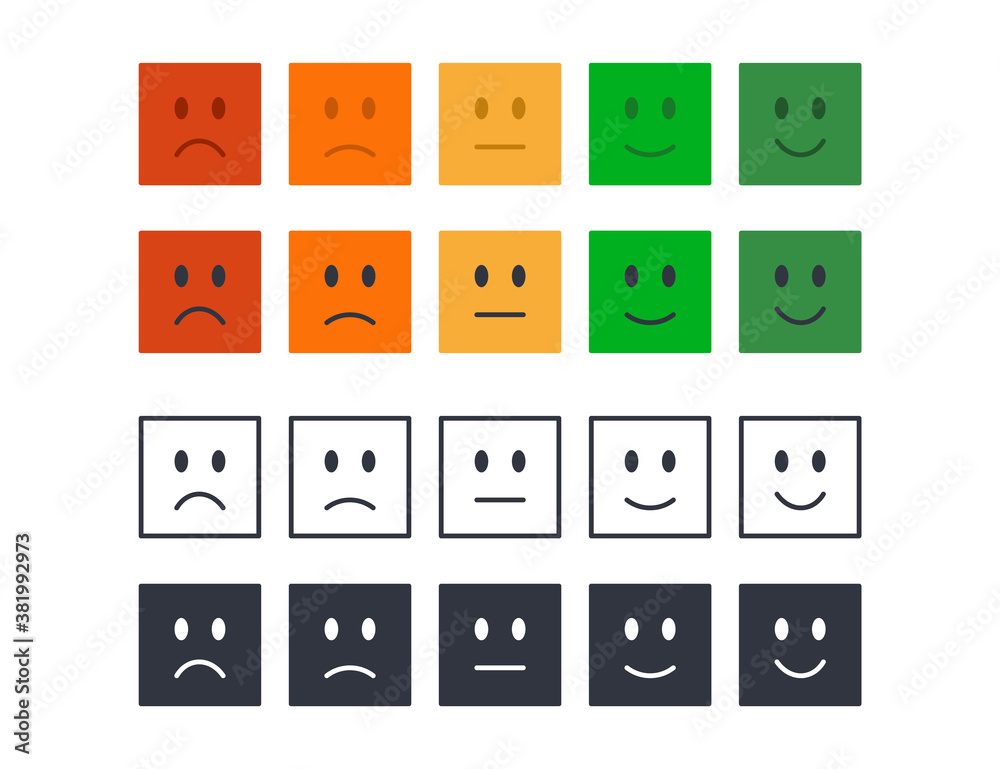 Fototapeta premium Vector emoticons for rating, poll, customer review. Colored black square icons editable stroke. Set of moods from angry to happy. Satisfied scale, stars dissatisfied, sad, indifferent, glad, satisfied