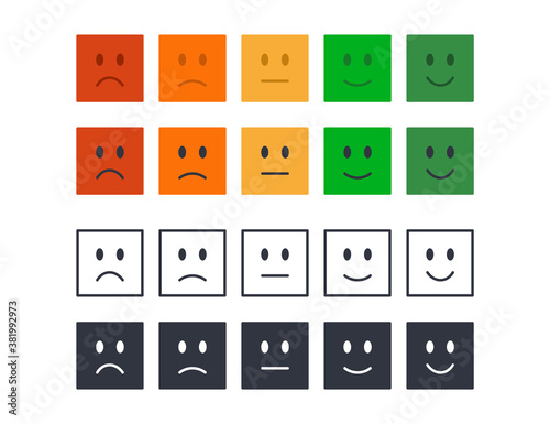 Vector emoticons for rating, poll, customer review. Colored black square icons editable stroke. Set of moods from angry to happy. Satisfied scale, stars dissatisfied, sad, indifferent, glad, satisfied