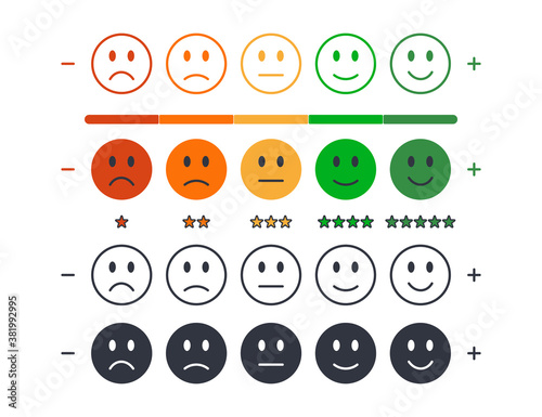 Vector emoticons for rating survey, customer reviews. Set of moods from angry to happy. Round colored black editable stroke icons. Satisfaction scale, stars excellent, good, normal, bad, awful