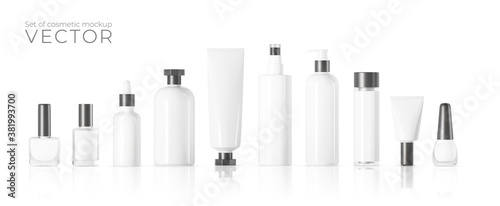 Set of Vector realistic cosmetic white container with grey cap with collagen solution advertising background ready to use, luxury skin care cream tube, varnish, nail polish. Beauty product ad design