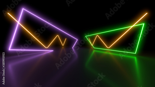 Neon lights on a black background. Reflections on the floor. 3d rendering image.