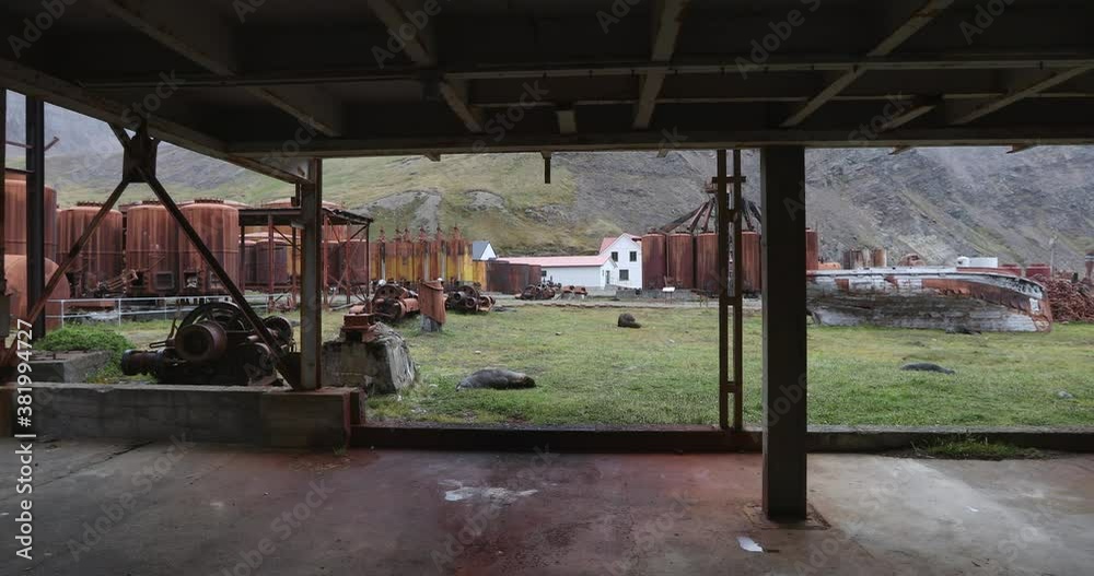Abandoned rusty whaling station buildings